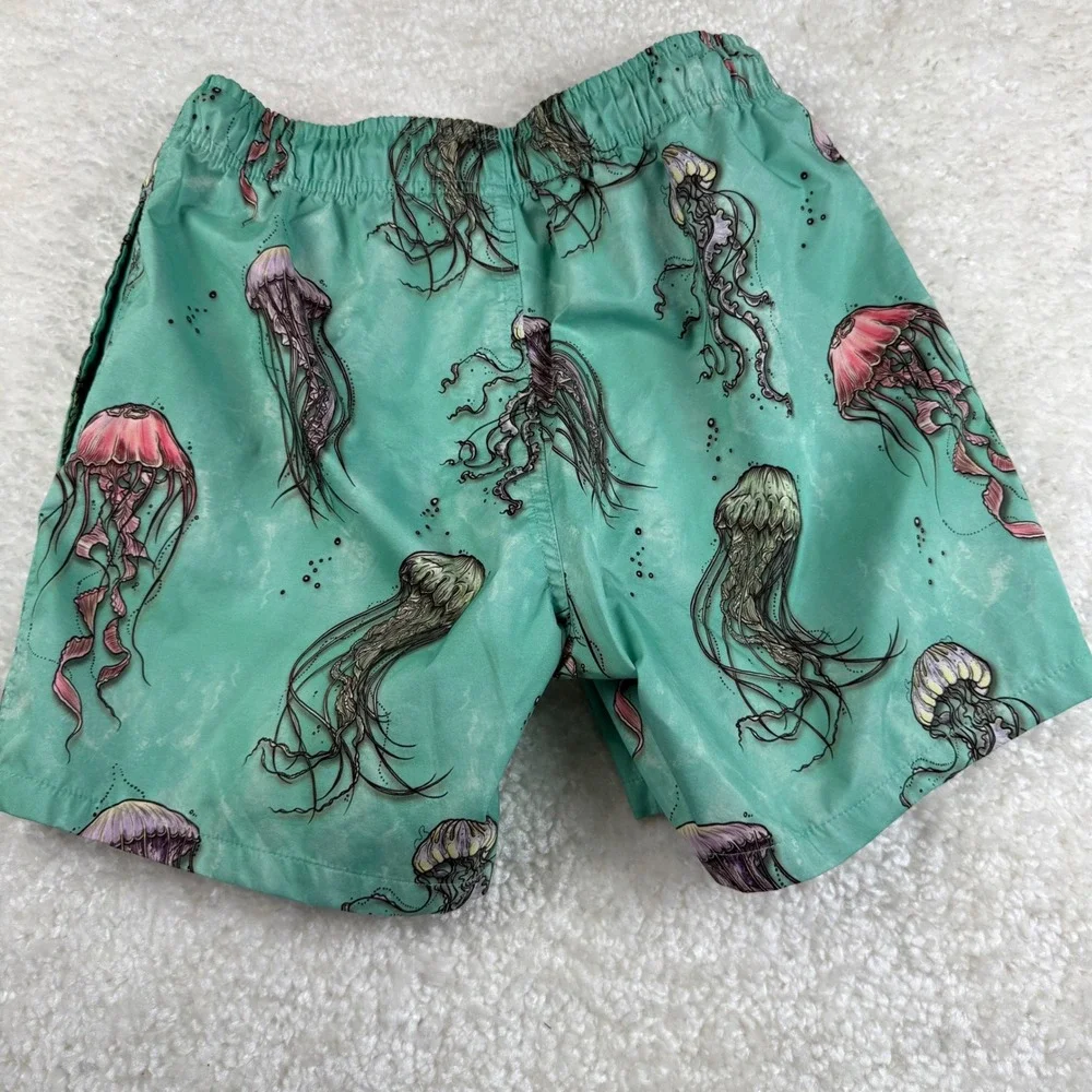 Psycho Tuna Swim Trunks Mens Med Green Jellyfish Print Board Shorts Drawstring
